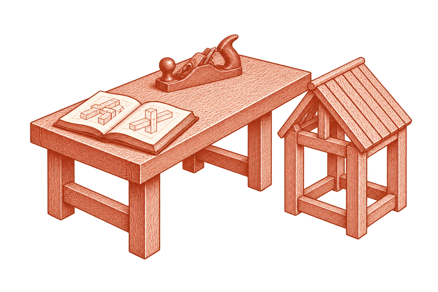 A risograph workbench with an open construction book and hand plane beside a small timber house frame