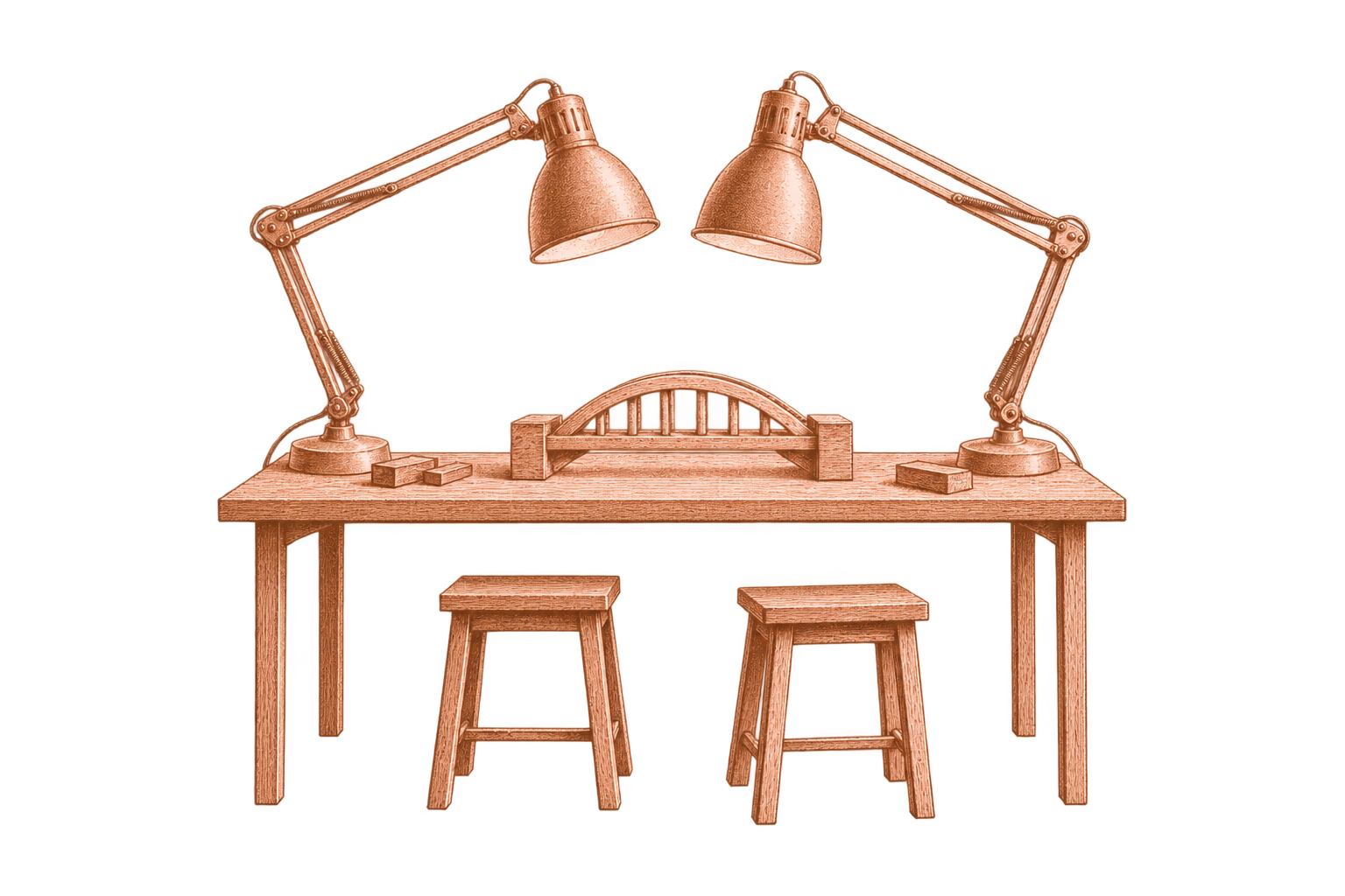 Two architect lamps focused on one miniature bridge at a shared studio table