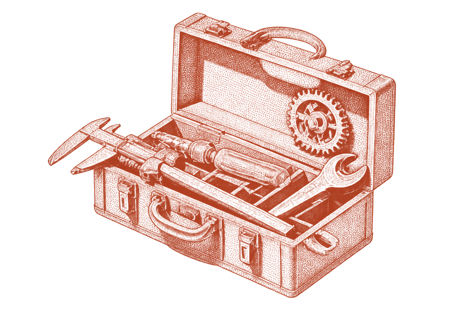 An open specialist toolbox with precision instruments and a small mechanical assembly